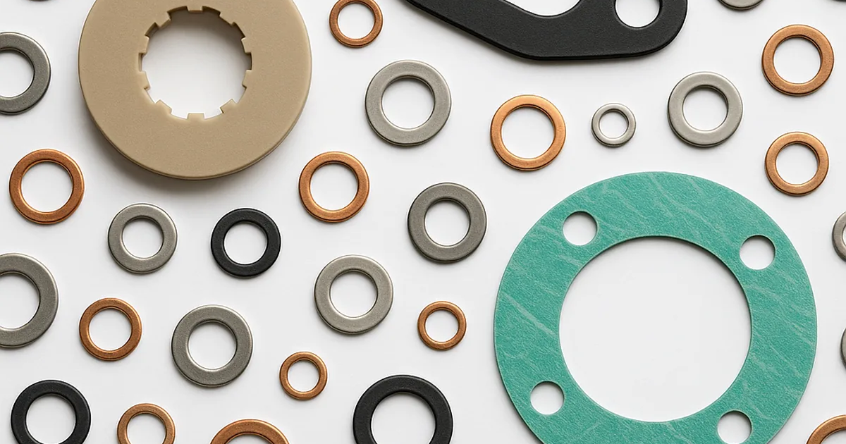 Juntas y arandelas de diferentes tamaños, formas y materiales sobre fondo blanco.