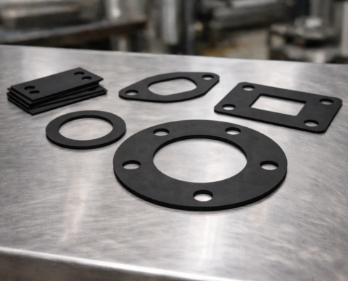 Juntas industriales de neopreno sobre mesa de acero inoxidable en entorno de producción industrial