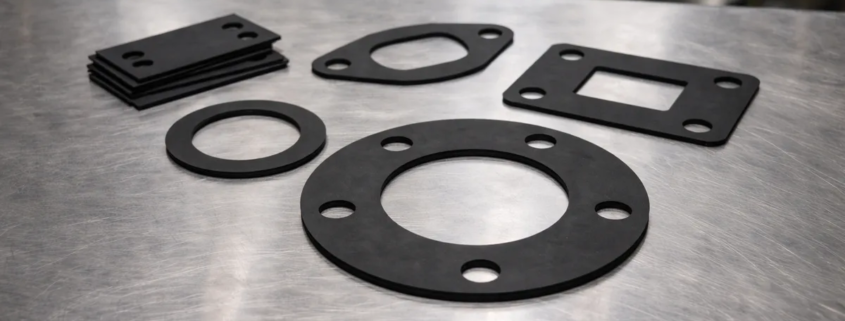 Juntas industriales de neopreno sobre mesa de acero inoxidable en entorno de producción industrial