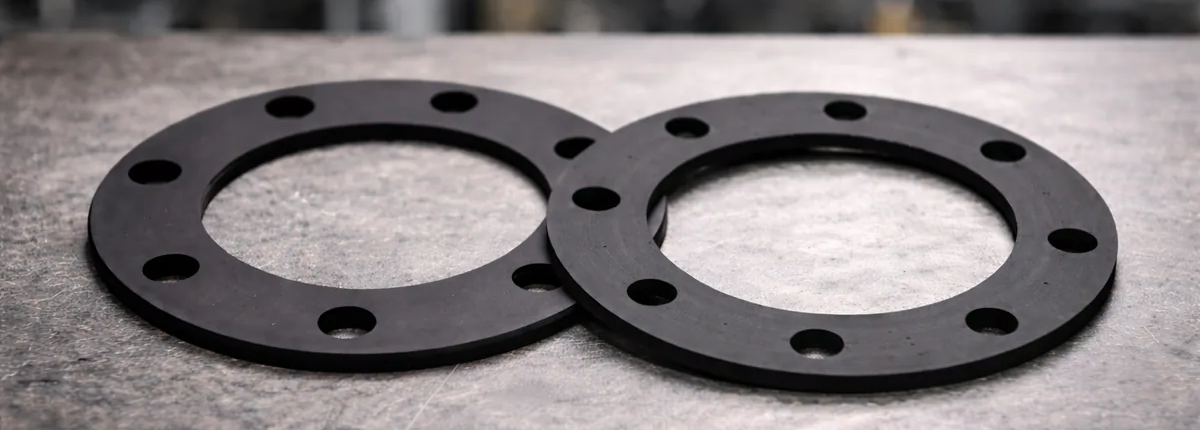 Juntas planas de neopreno negro para bridas industriales sobre fondo industrial desenfocado